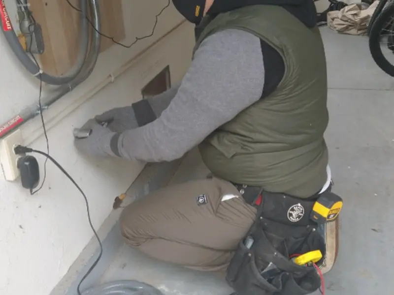 Electrician performing outlet wiring in a Groveton garage